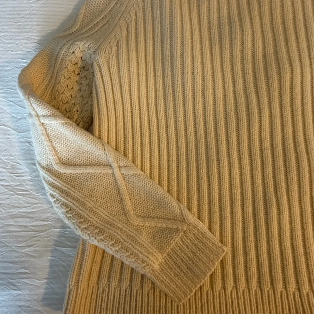 J. Crew Pom Pom Cable Knit Wool Sweater vintage-inspired chunky diamond beige SM